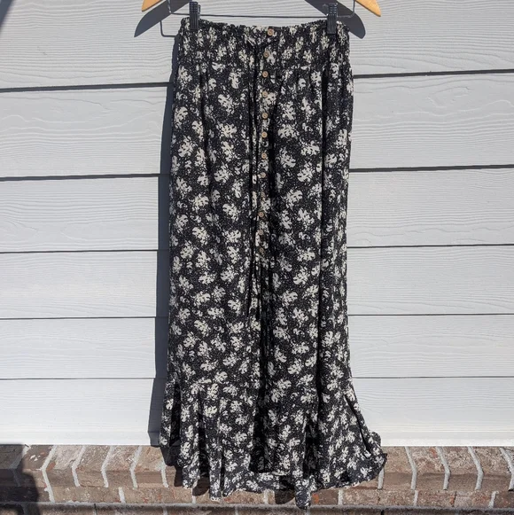 Promesa Skirt Black Size S Floral Maxi High Waist Elastic Buttondown Ties Flowy - Picture 2 of 7